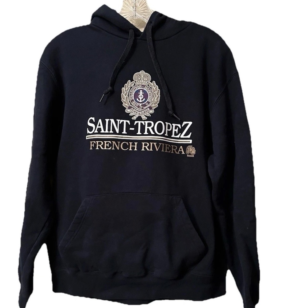 St. Tropez French Riviera Unisex Black Hoodie, Cotton Blend, Size Large